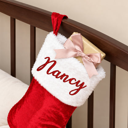 Little Teekie Personalised Velvet Christmas Stocking | Embroidered Name, 46x37cm – Red & White