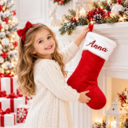 Little Teekie Personalised Velvet Christmas Stocking | Embroidered Name, 46x37cm – Red & White