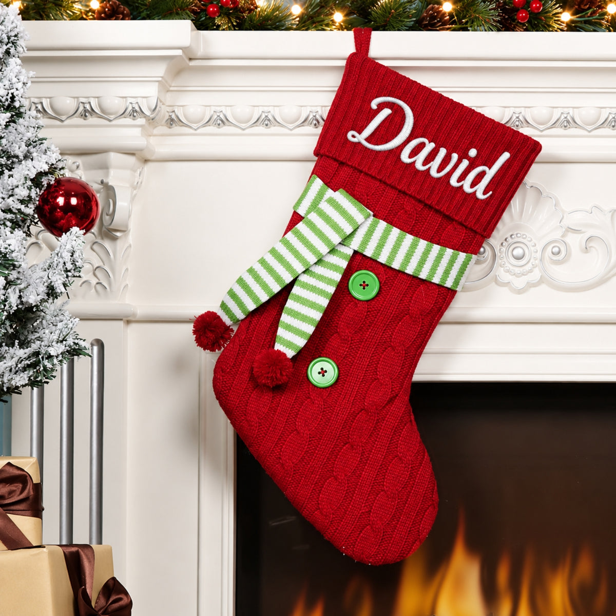 Little Teekie Personalised Knit Christmas Stocking | Embroidered Name – Red