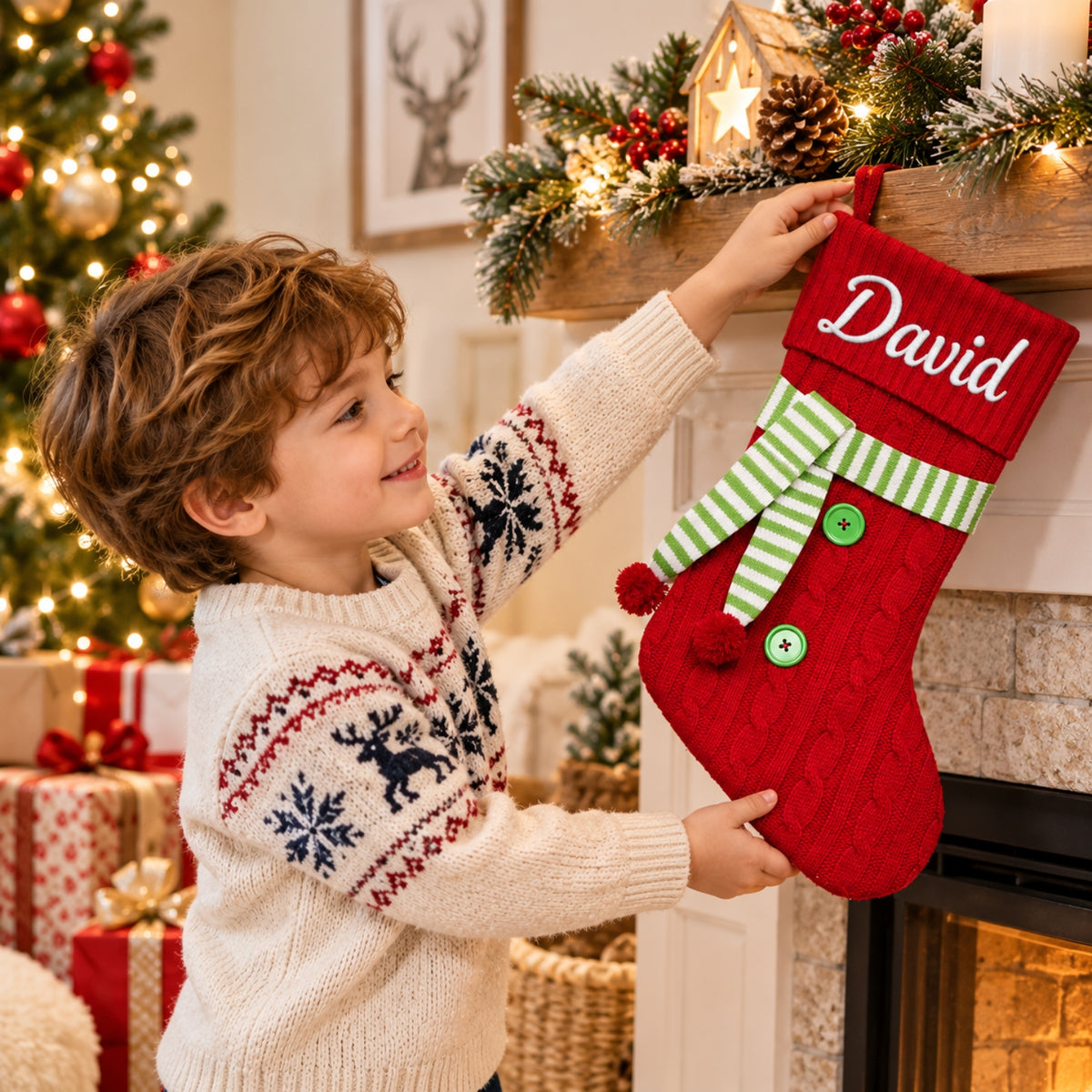 Little Teekie Personalised Knit Christmas Stocking | Embroidered Name – Red