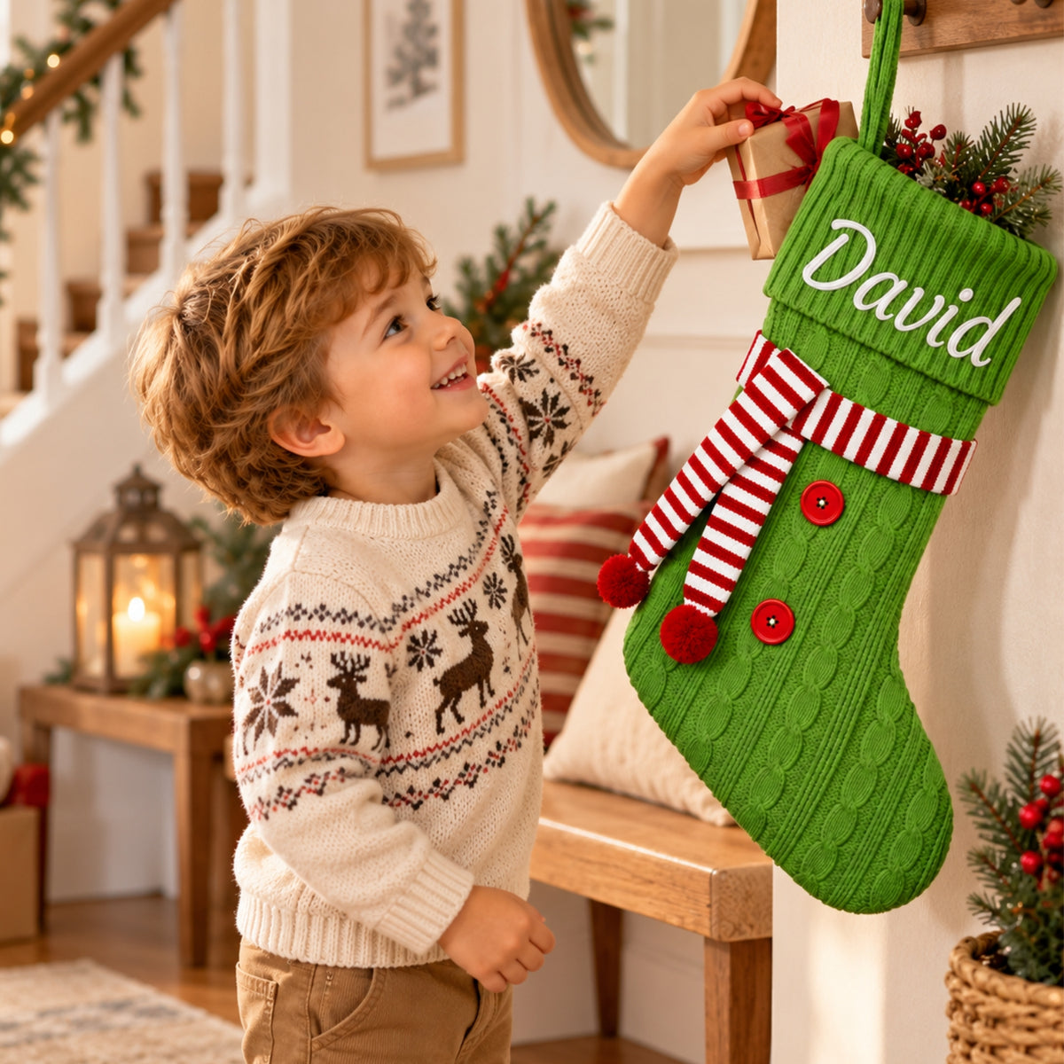 Little Teekie Personalised Knit Christmas Stocking | Embroidered Name – Green