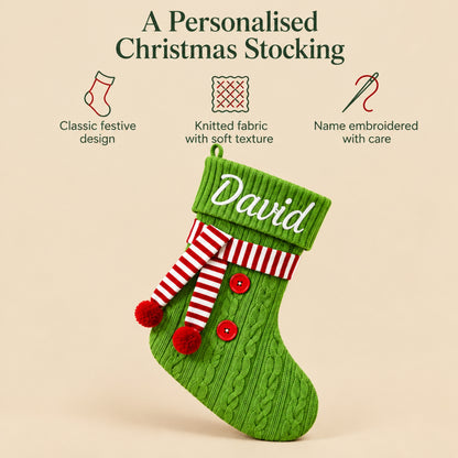 Little Teekie Personalised Knit Christmas Stocking | Embroidered Name – Green