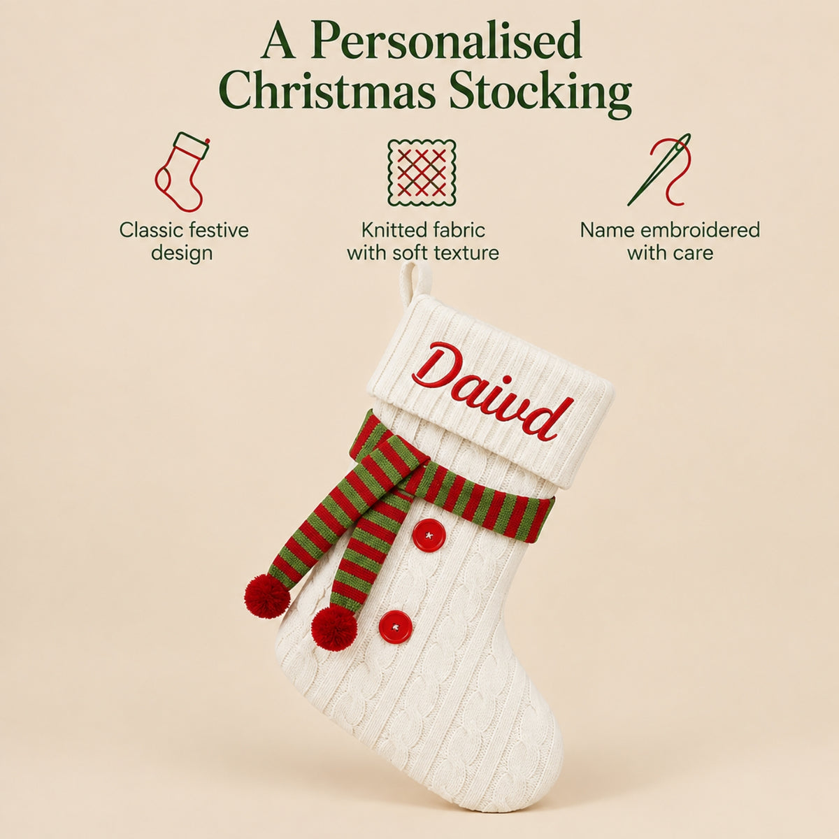 Little Teekie Personalised Knit Christmas Stocking | Embroidered Name – White