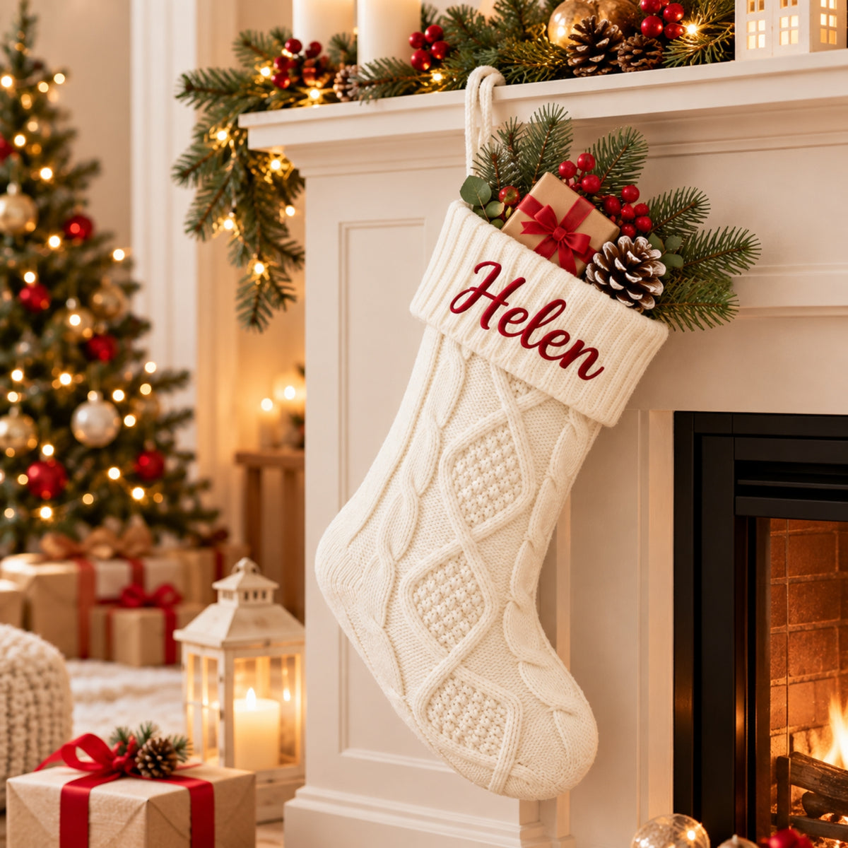 Little Teekie Personalised Knit Christmas Stocking | Embroidered Name, 45x21cm – White