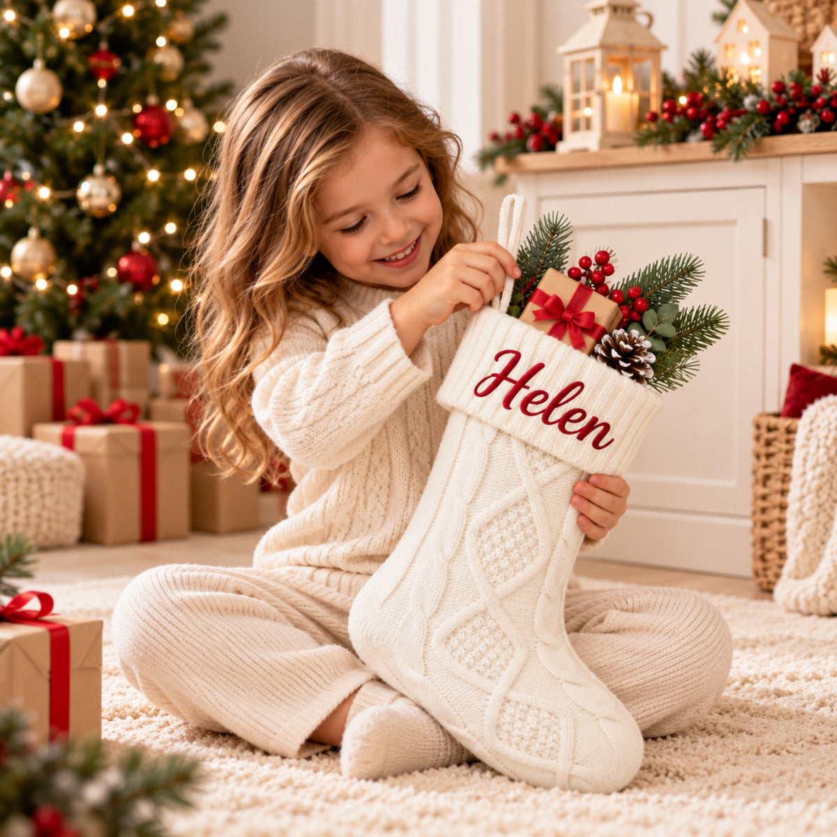 Little Teekie Personalised Knit Christmas Stocking | Embroidered Name, 45x21cm – White