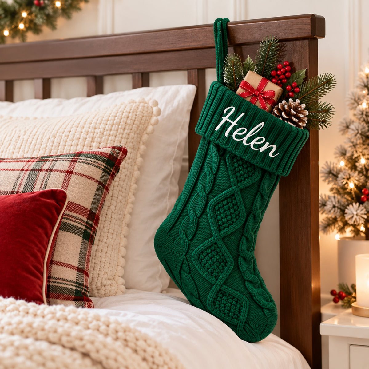 Little Teekie Personalised Knit Christmas Stocking | Embroidered Name, 45x21cm – Green