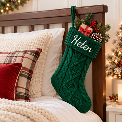 Little Teekie Personalised Knit Christmas Stocking | Embroidered Name, 45x21cm – Green