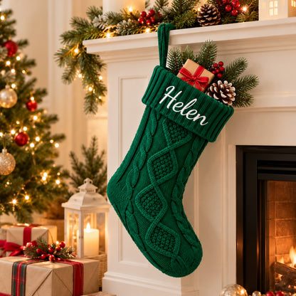 Little Teekie Personalised Knit Christmas Stocking | Embroidered Name, 45x21cm – Green