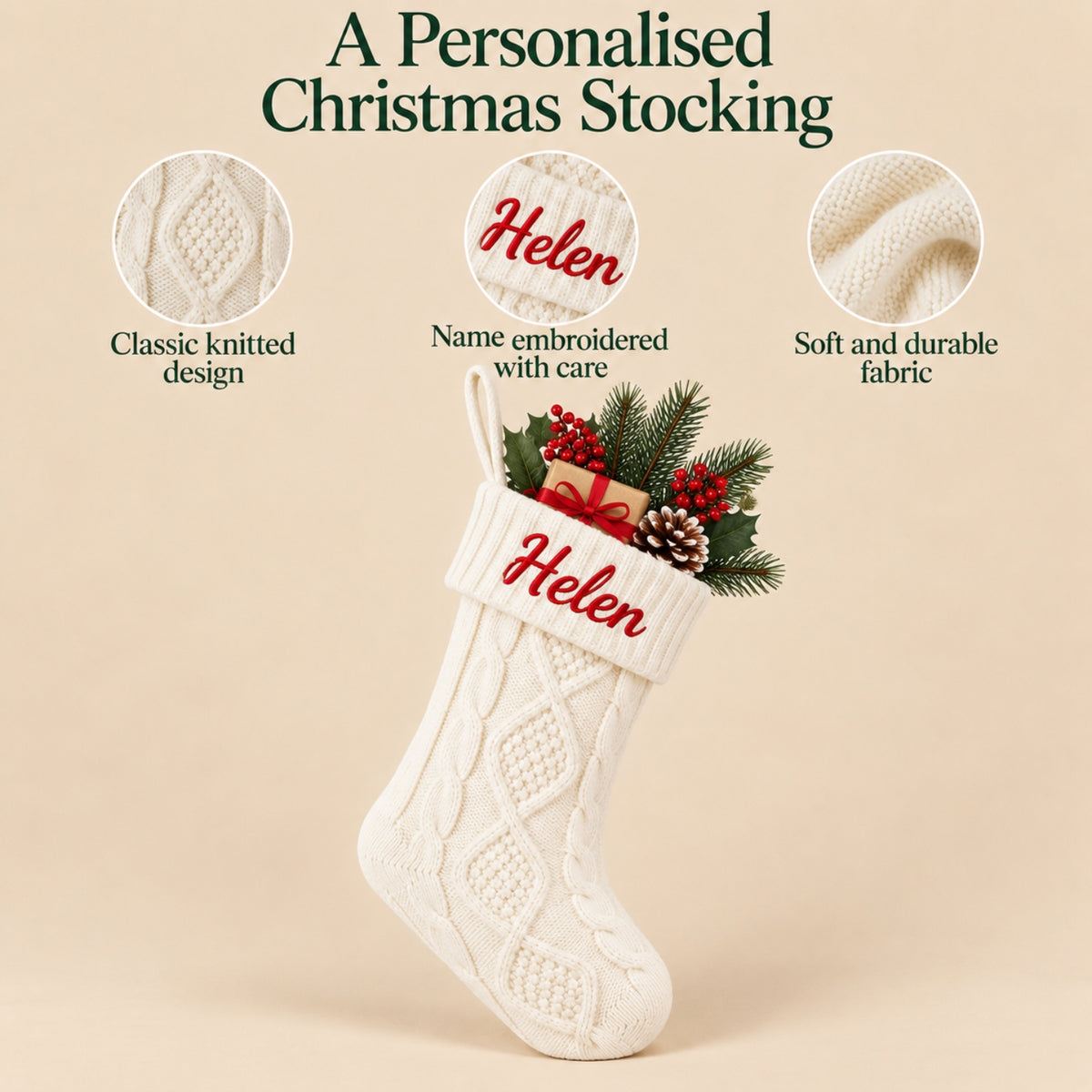 Little Teekie Personalised Knit Christmas Stocking | Embroidered Name, 45x21cm – White