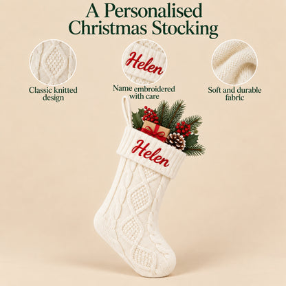 Little Teekie Personalised Knit Christmas Stocking | Embroidered Name, 45x21cm – White