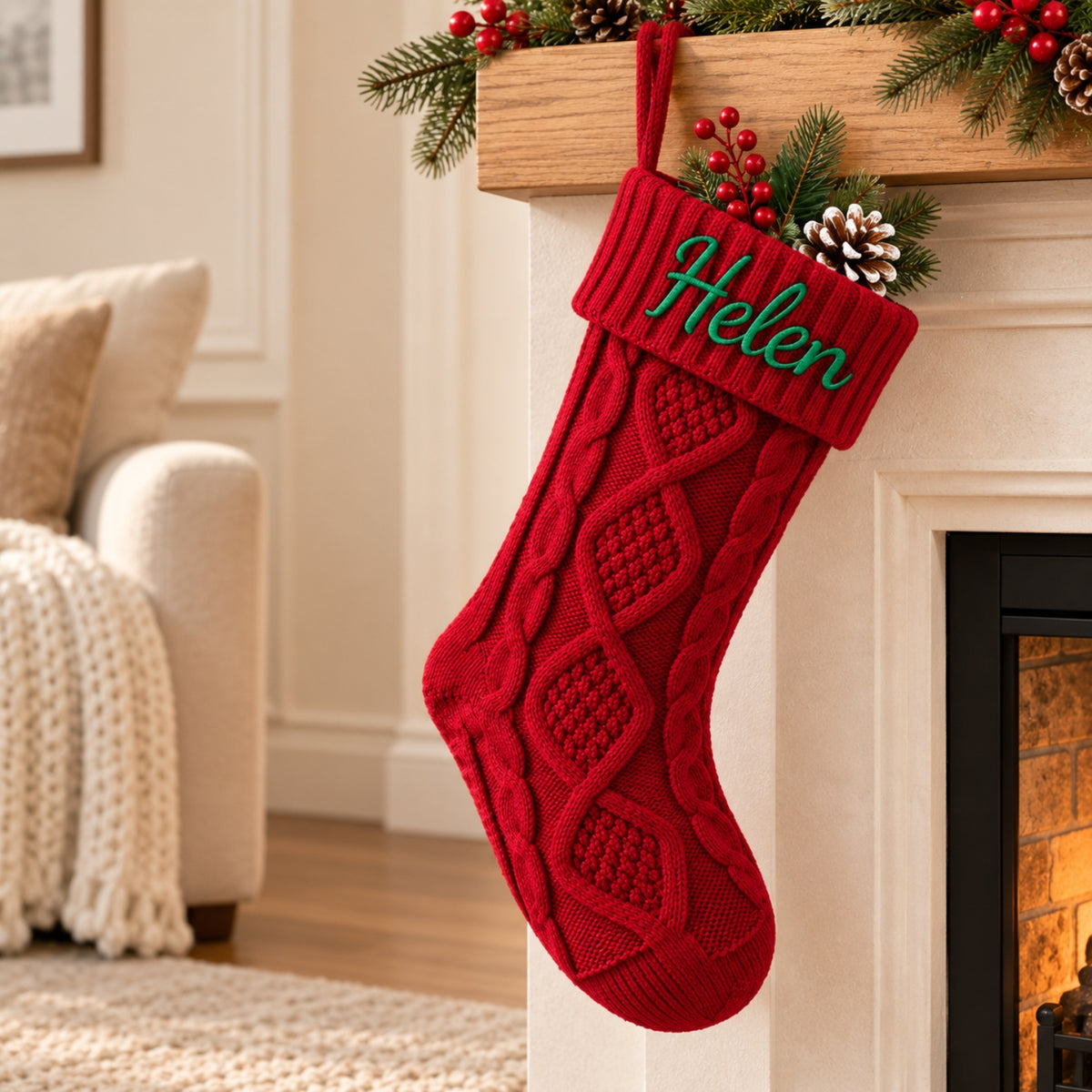 Little Teekie Personalised Knit Christmas Stocking | Embroidered Name, 45x21cm – Red