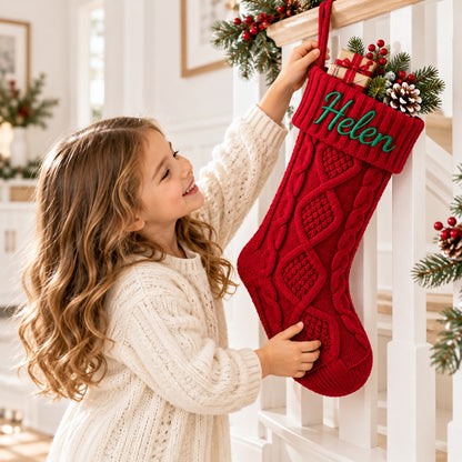 Little Teekie Personalised Knit Christmas Stocking | Embroidered Name, 45x21cm – Red