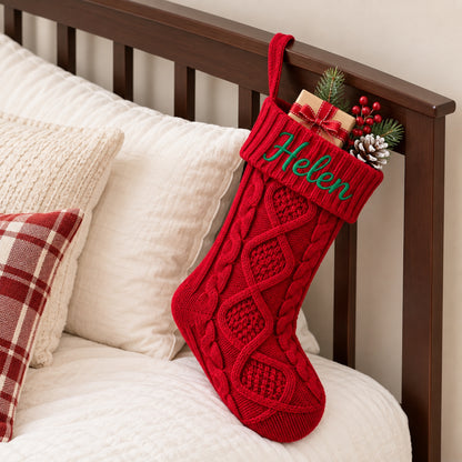 Little Teekie Personalised Knit Christmas Stocking | Embroidered Name, 45x21cm – Red