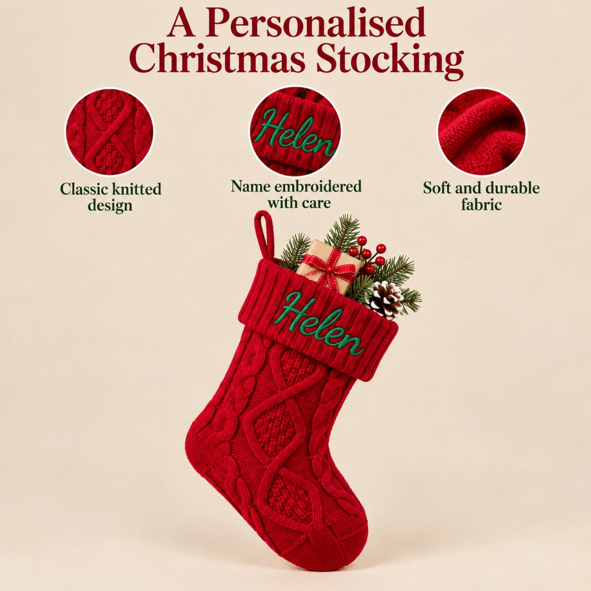 Little Teekie Personalised Knit Christmas Stocking | Embroidered Name, 45x21cm – Red