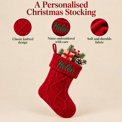Little Teekie Personalised Knit Christmas Stocking | Embroidered Name, 45x21cm – Red