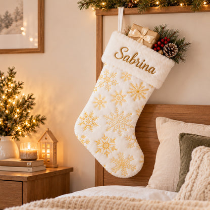 Little Teekie Personalised Christmas Stocking | Snowflake Embroidery with Faux Fur Cuff - Gold
