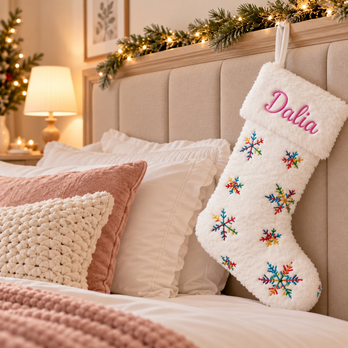 Little Teekie Personalised Christmas Stocking | Snowflake Embroidery with Faux Fur Cuff - Multicolor