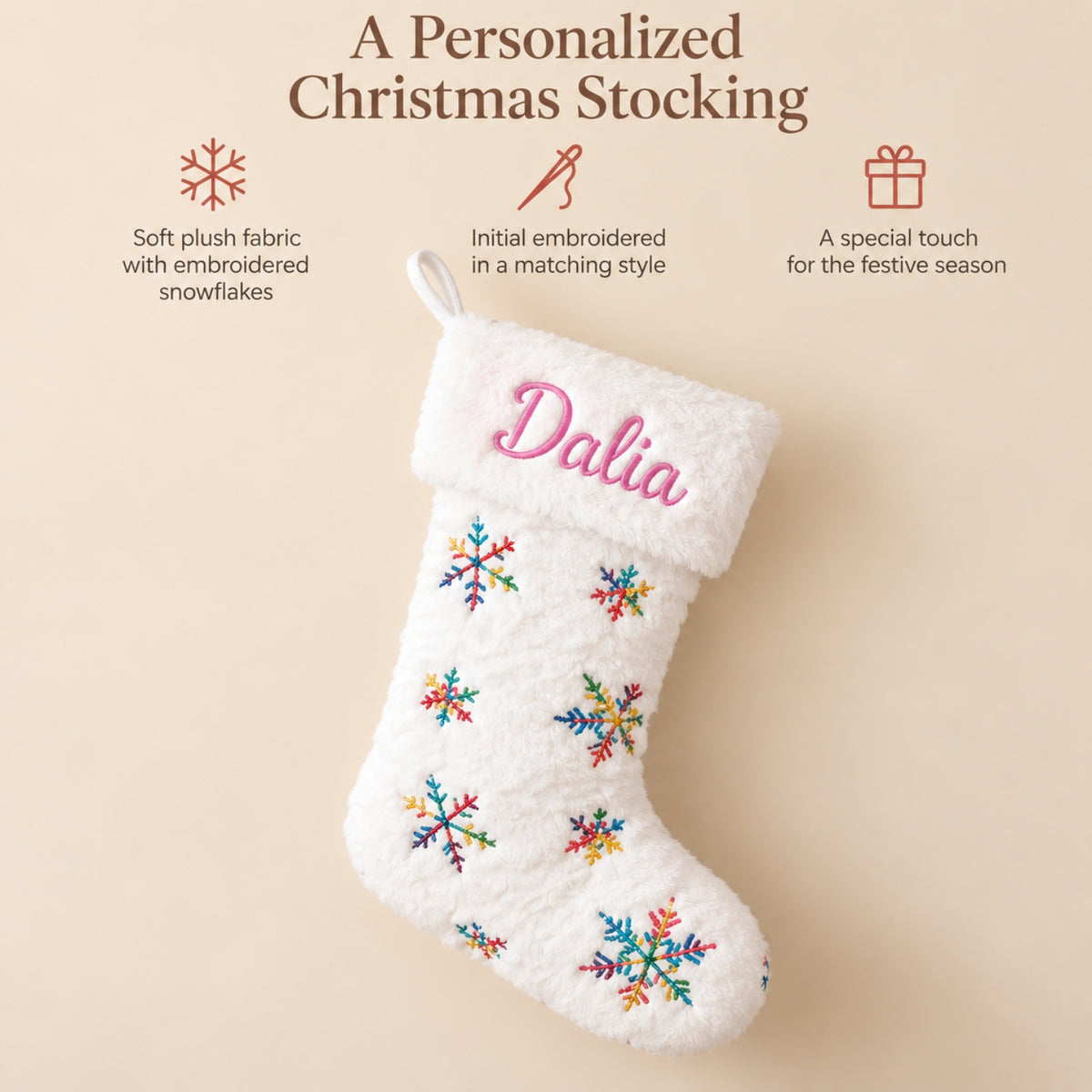 Little Teekie Personalised Christmas Stocking | Snowflake Embroidery with Faux Fur Cuff - Multicolor