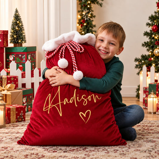 Little Teekie Personalised Santa Sack | Embroidered Name, Red Plush with White Fluffy Trim