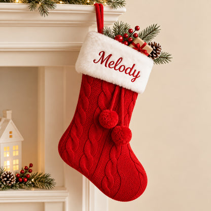 Little Teekie Personalised Knit Christmas Stocking | Embroidered Name, Pom Pom – Red