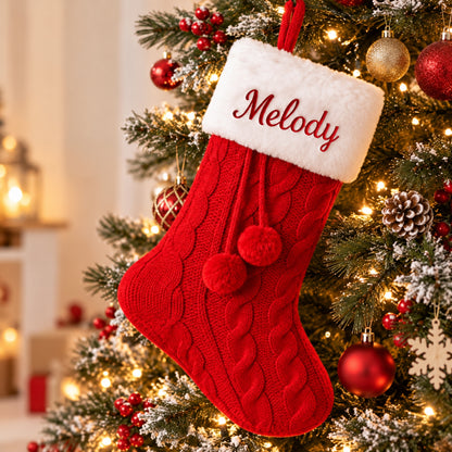 Little Teekie Personalised Knit Christmas Stocking | Embroidered Name, Pom Pom – Red