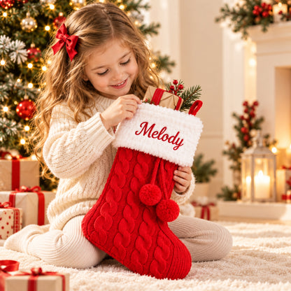 Little Teekie Personalised Knit Christmas Stocking | Embroidered Name, Pom Pom – Red