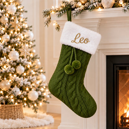 Little Teekie Personalised Knit Christmas Stocking | Embroidered Name, Pom Pom – Green