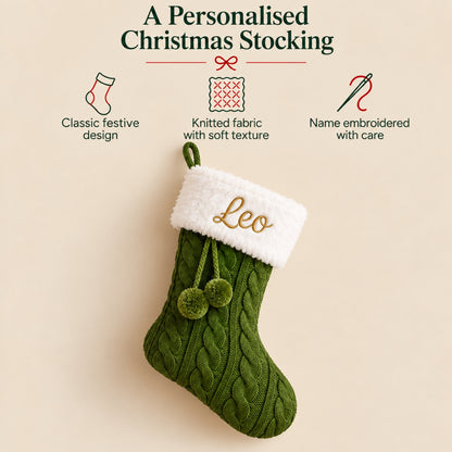 Little Teekie Personalised Knit Christmas Stocking | Embroidered Name, Pom Pom – Green