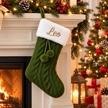 Little Teekie Personalised Knit Christmas Stocking | Embroidered Name, Pom Pom – Green