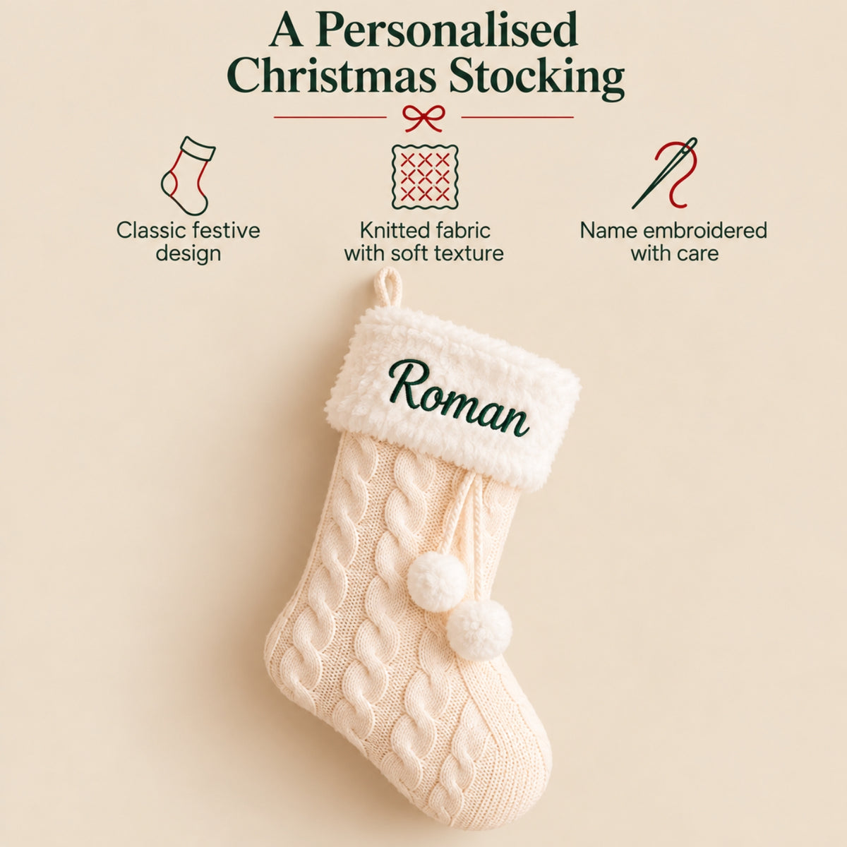 Little Teekie Personalised Knit Christmas Stocking | Embroidered Name, Pom Pom – White