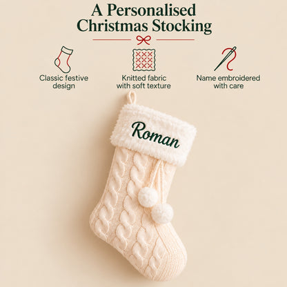 Little Teekie Personalised Knit Christmas Stocking | Embroidered Name, Pom Pom – White