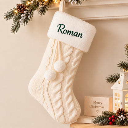 Little Teekie Personalised Knit Christmas Stocking | Embroidered Name, Pom Pom – White