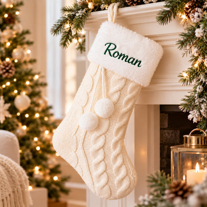Little Teekie Personalised Knit Christmas Stocking | Embroidered Name, Pom Pom – White