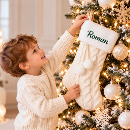 Little Teekie Personalised Knit Christmas Stocking | Embroidered Name, Pom Pom – White