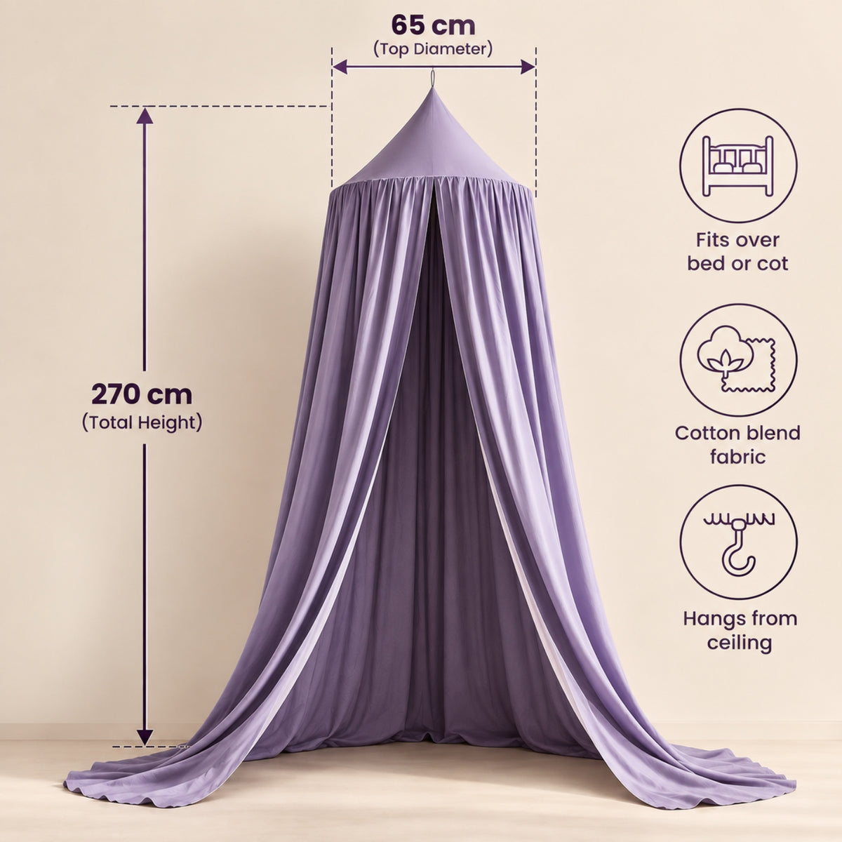 Little Teekie Kids Bed Canopy | Hanging Cot and Bed Canopy or Reading Den, 270 cm – Dusky Purple
