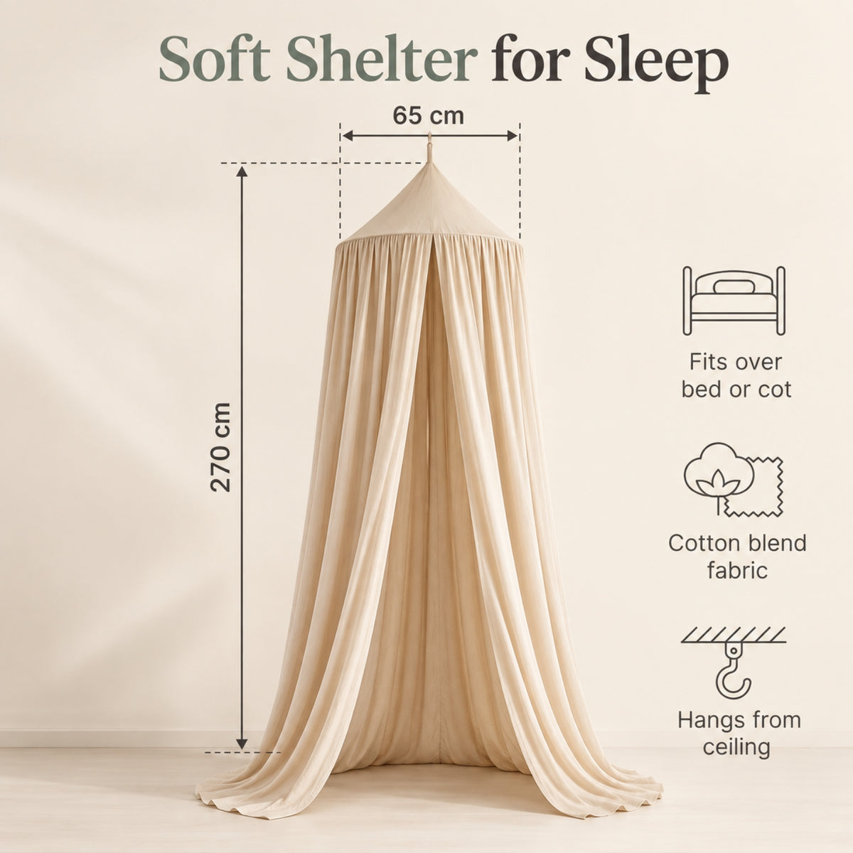 Little Teekie Kids Bed Canopy | Hanging Cot and Bed Canopy or Reading Den, 270 cm – Light Beige