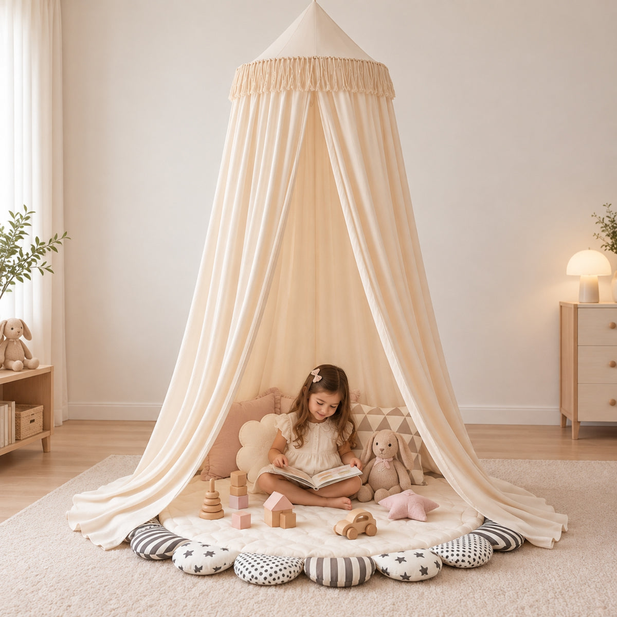 Little Teekie Kids Bed Canopy | Sheer Hanging Canopy for Reading Nook – Warm Cream