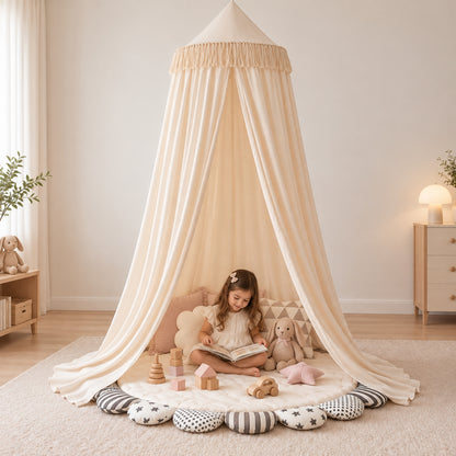 Little Teekie Kids Bed Canopy | Sheer Hanging Canopy for Reading Nook – Warm Cream