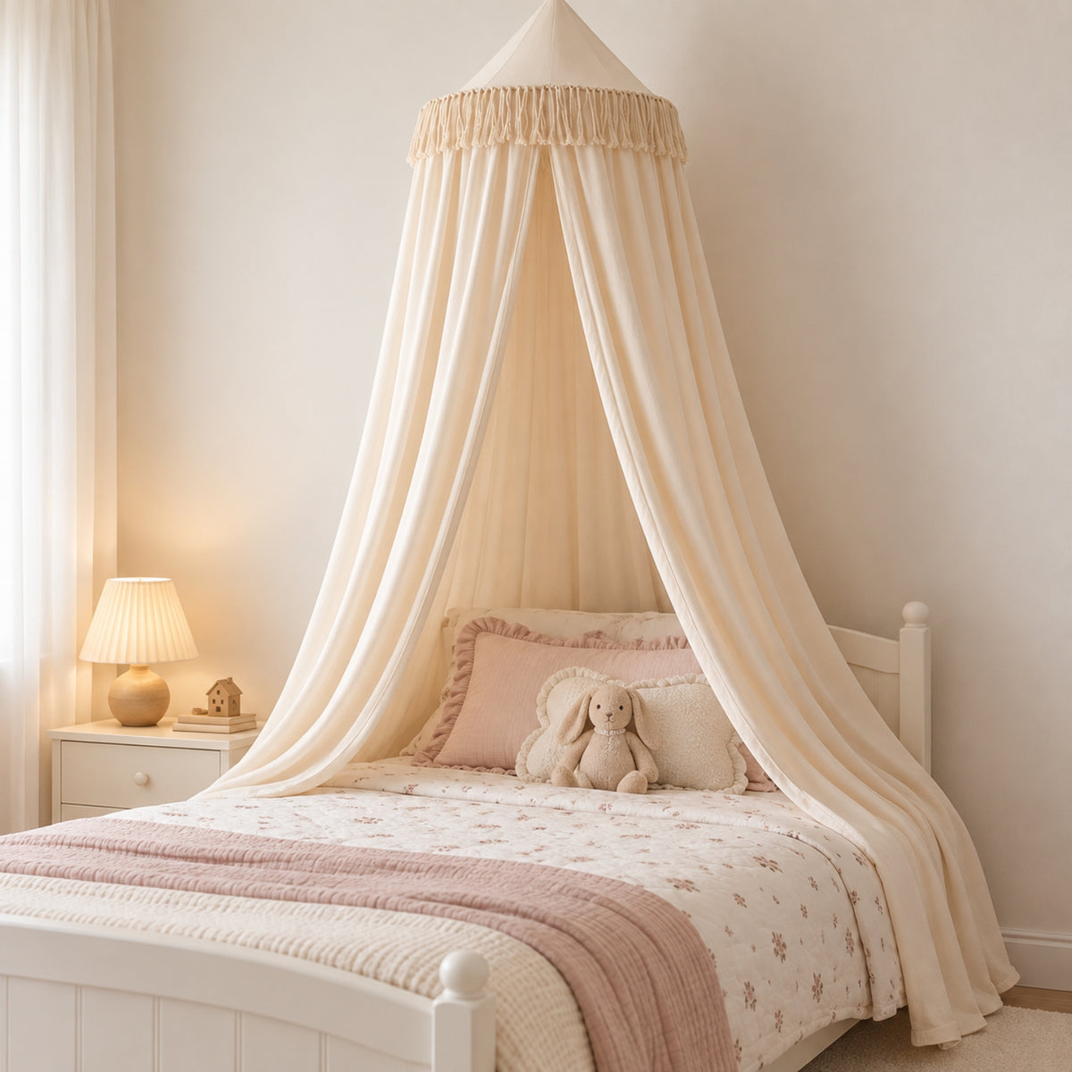 Little Teekie Kids Bed Canopy | Sheer Hanging Canopy for Reading Nook – Warm Cream