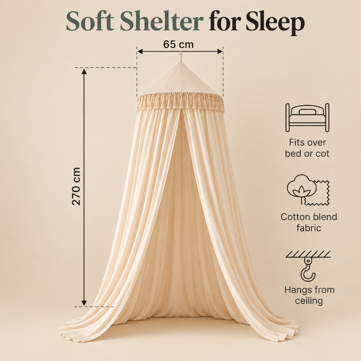 Little Teekie Kids Bed Canopy | Sheer Hanging Canopy for Reading Nook – Warm Cream