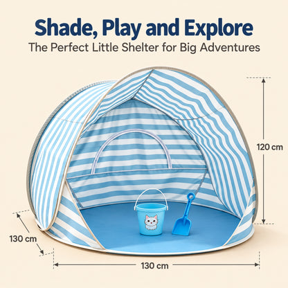 Little Teekie Kids Pop-Up Beach Tent & Sand Toy Set | UV-Protective Shade – Blue Stripe