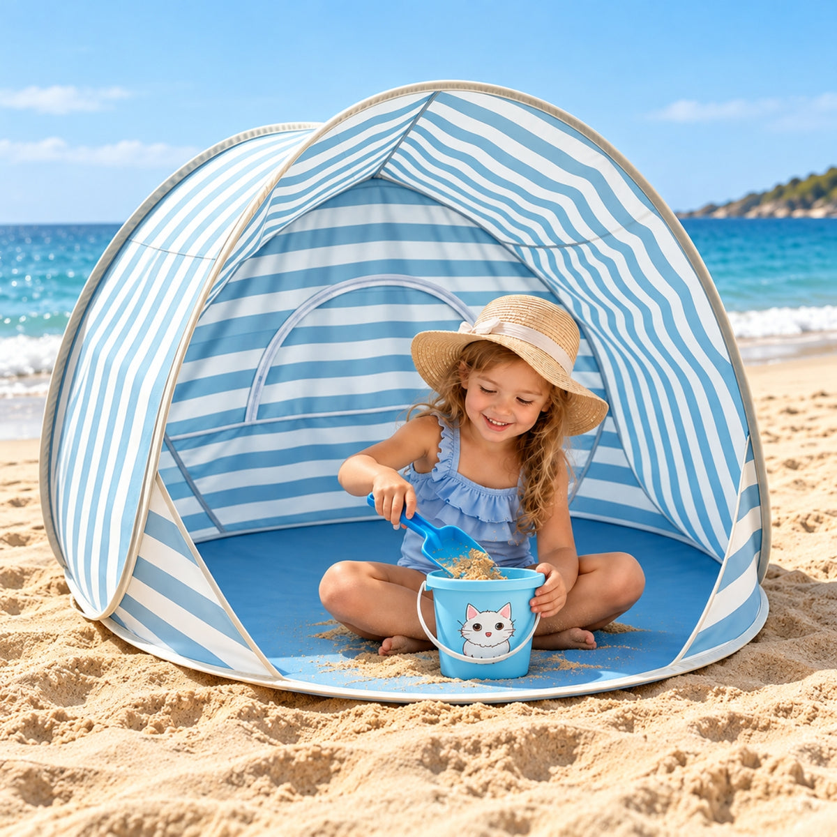 Little Teekie Kids Pop-Up Beach Tent & Sand Toy Set | UV-Protective Shade – Blue Stripe