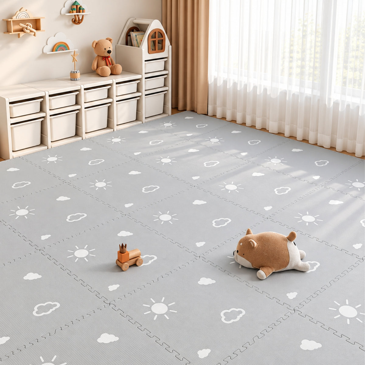 Little Teekie IXPE Foam Play Mat | 120 x 120 cm, 4 Interlocking Pieces – Sun & Cloud Print - Grey