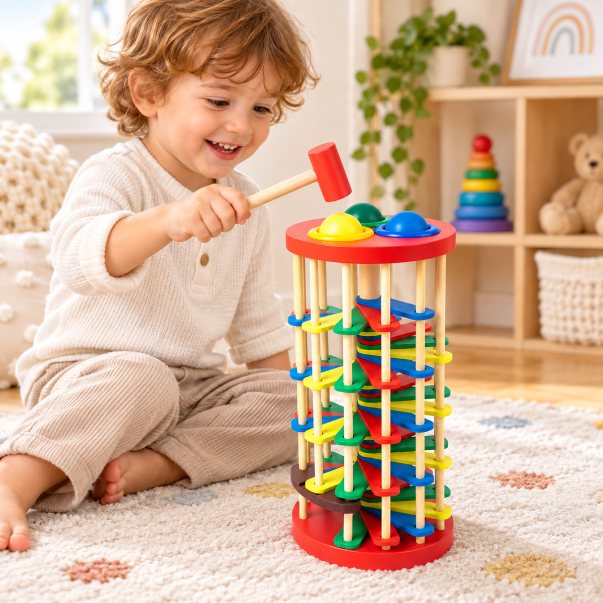 Little Teekie Wooden Tap and Roll Ball Tower | Rainbow Hammer and Ball Run Toy – Rainbow