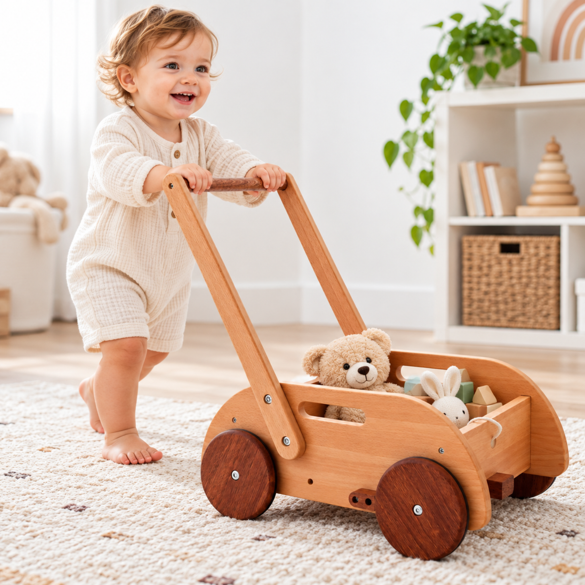 Little Teekie Wooden Baby Walker | Anti-Tip Push Walker for First Steps – Solid Wood