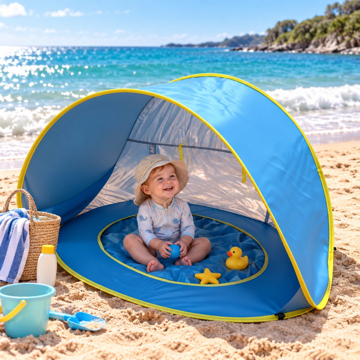Little Teekie 3-in-1 Baby Beach Tent with Splash Pool | UPF 50+ Pop-Up Sun Shade - Blue