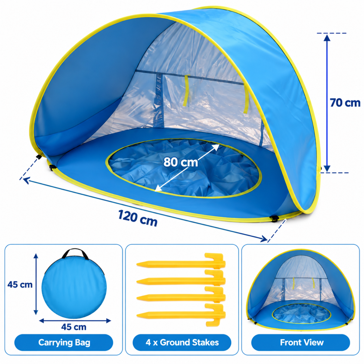 Little Teekie 3-in-1 Baby Beach Tent with Splash Pool | UPF 50+ Pop-Up Sun Shade - Blue