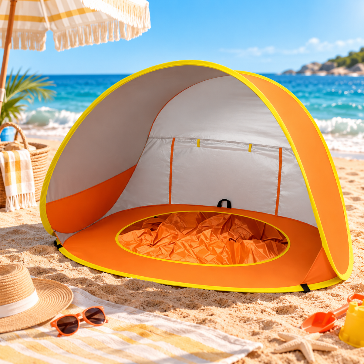 Little Teekie 3-in-1 Baby Beach Tent with Splash Pool | UPF 50+ Pop-Up Sun Shade - Yellow