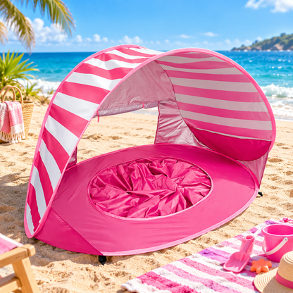 Little Teekie 3-in-1 Baby Beach Tent with Splash Pool | UPF 50+ Pop-Up Sun Shade - Striped Pink
