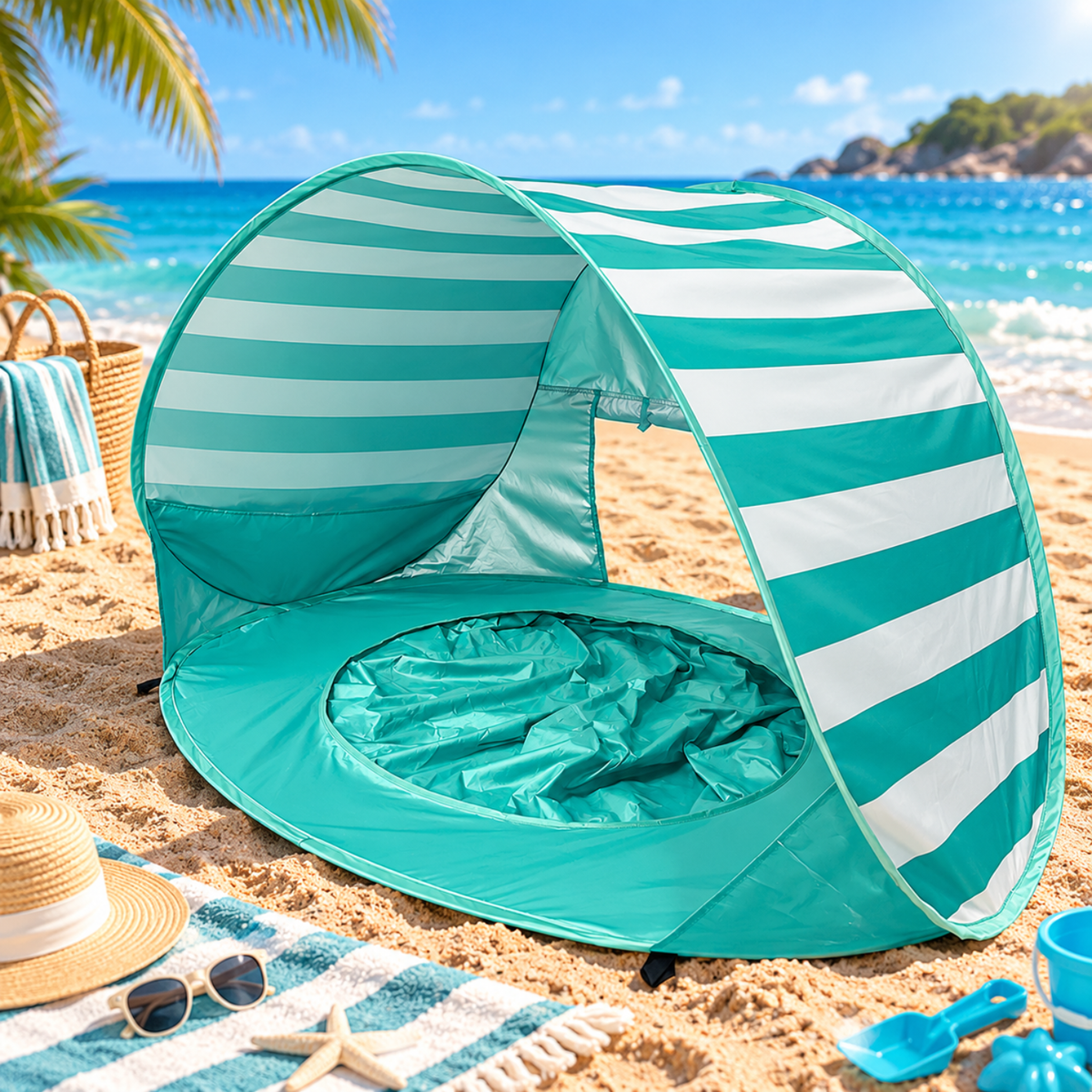 Little Teekie 3-in-1 Baby Beach Tent with Splash Pool | UPF 50+ Pop-Up Sun Shade - Aqua